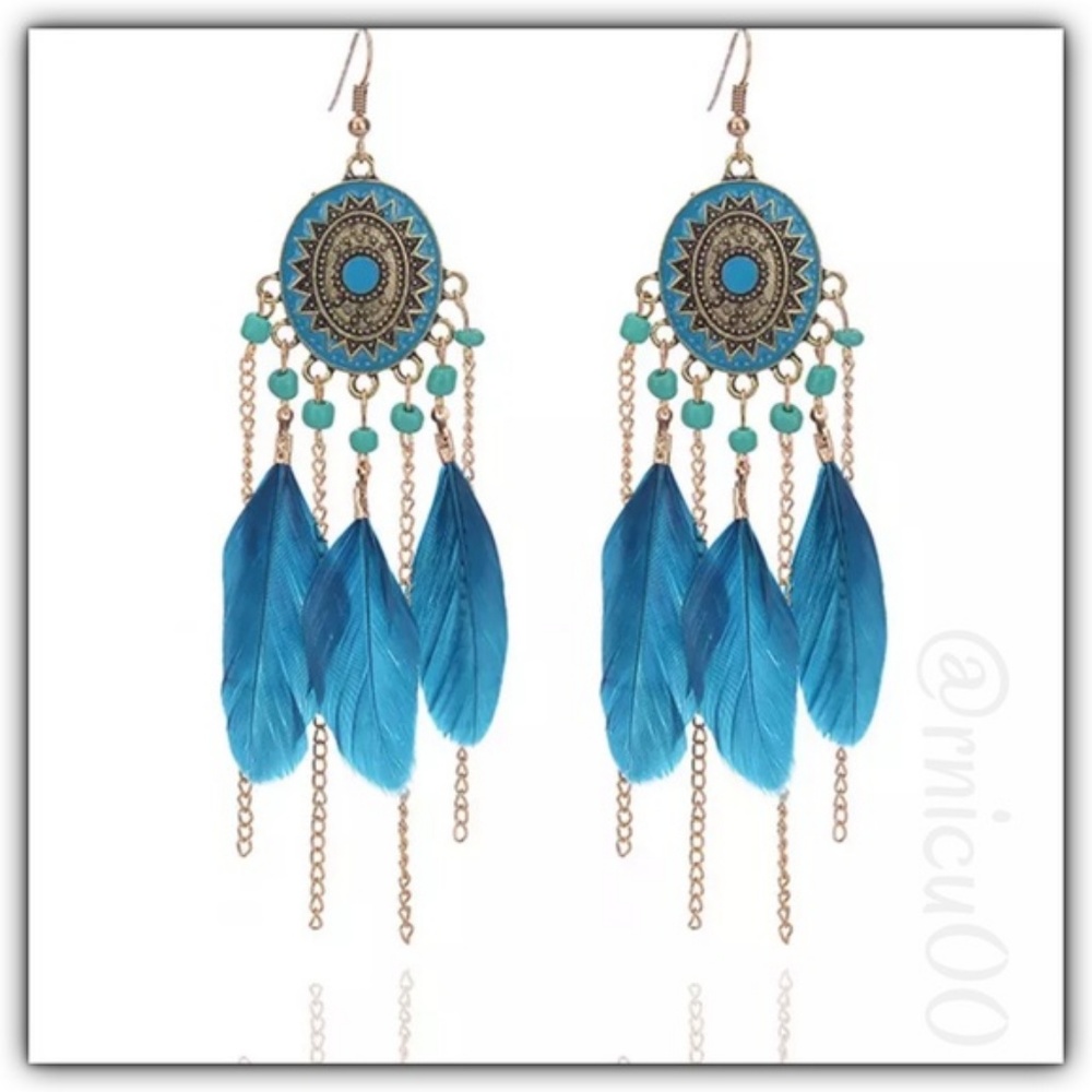 Vintage Goldplated Chain Green Feather Earrings